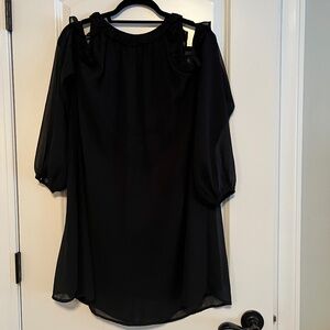 LoveRiche Black Midi Dress with Mesh Long Sleeve, Cutout Shoulders